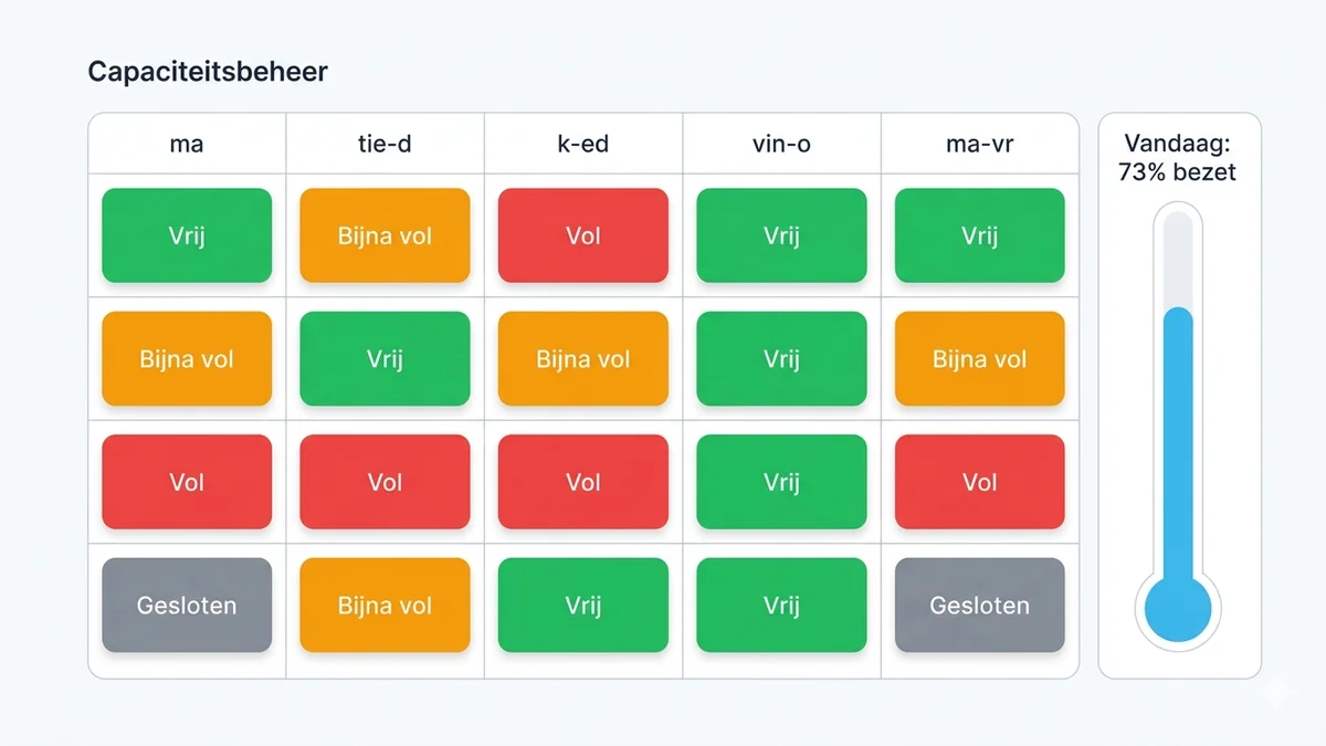 Weekkalender met tijdsloten en kleurcodes voor bezettingsgraad