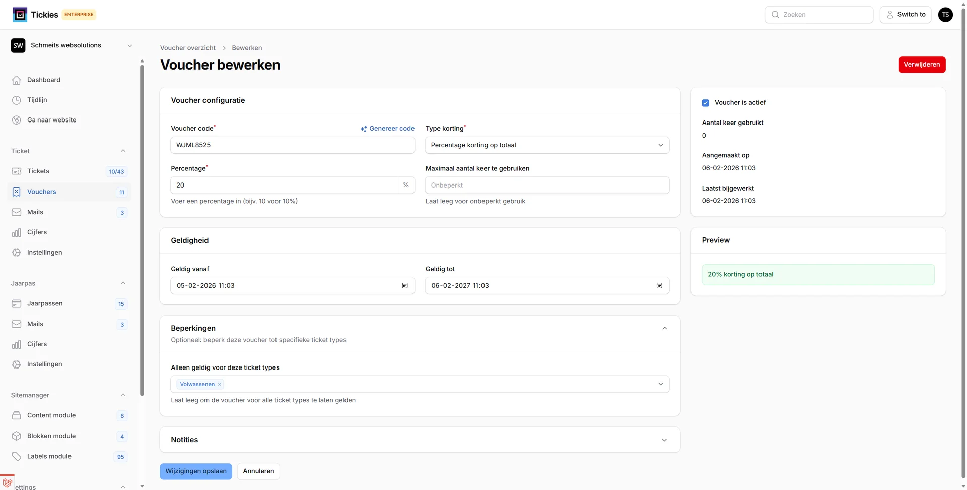 Voucher detail scherm met instellingen